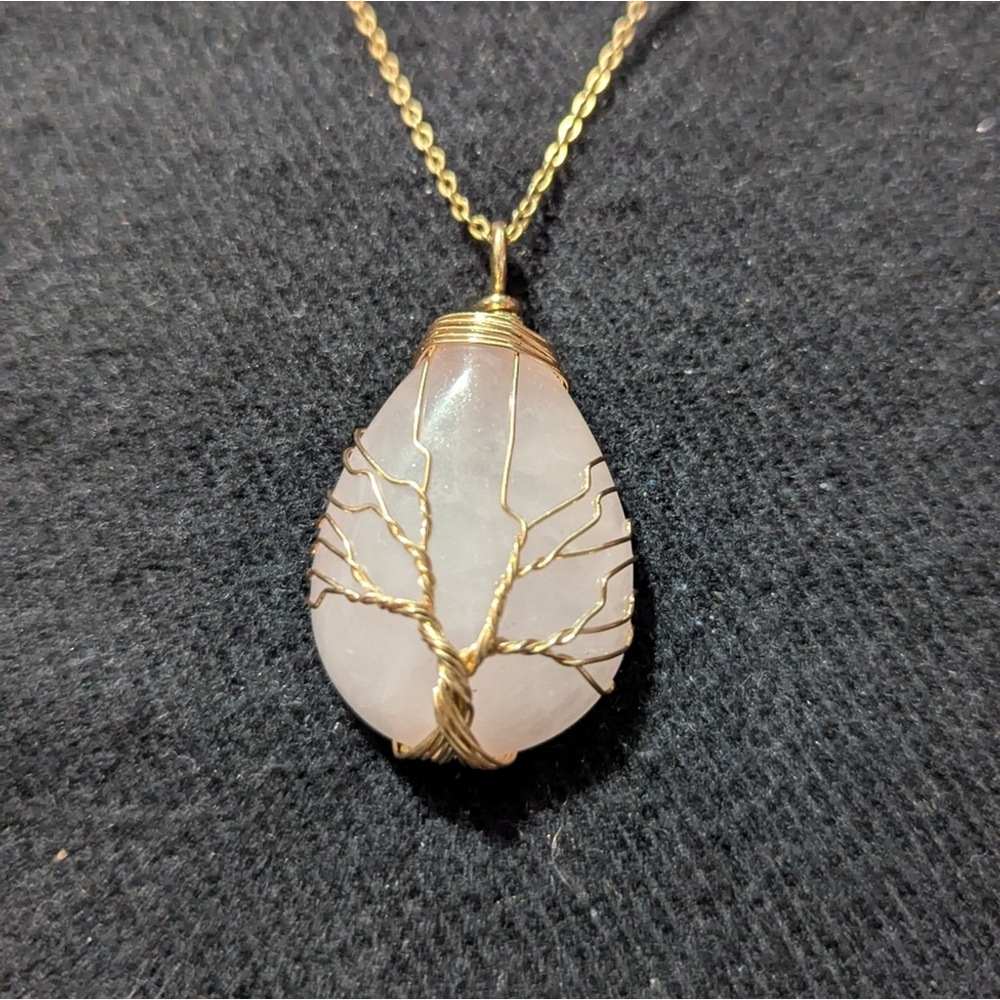 Gold Tone Wired Wrapped Tree Of Life Pink Rose Quartz Teardrop Pendant Necklace